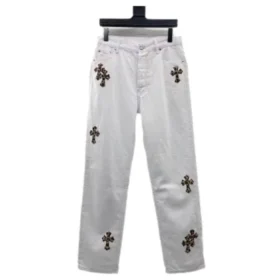 Chrome Hearts witte Jeans met luipaardprint en kruis
